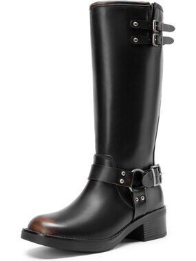 Women's Black Pu Round Toe Buckles Side Zipper Knee High Moto Biker Chunky Boot